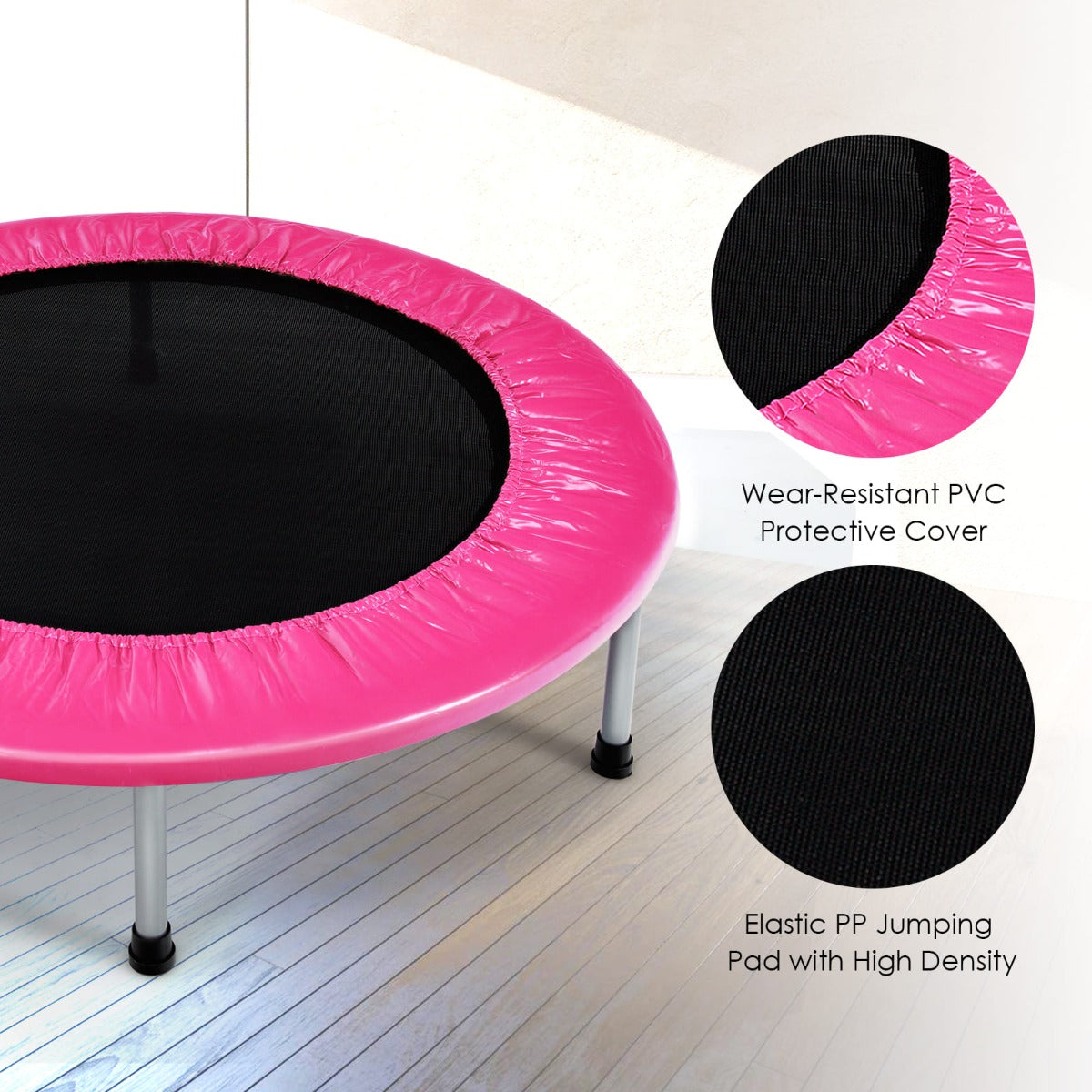Kids pink foldable mini trampoline, perfect for indoor fun and exercise at home. Kids pink foldable mini trampoline, perfect for indoor fun and exercise at home.