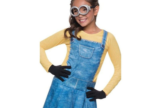 Girls Minion costume with goggles, ideal for playful kids dress-up fun at home.
