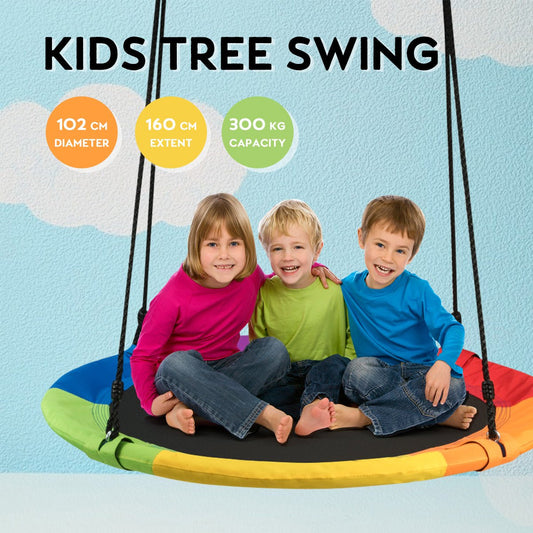 Colorful tree swing for kids with 300kg weight limit, perfect for outdoor play.