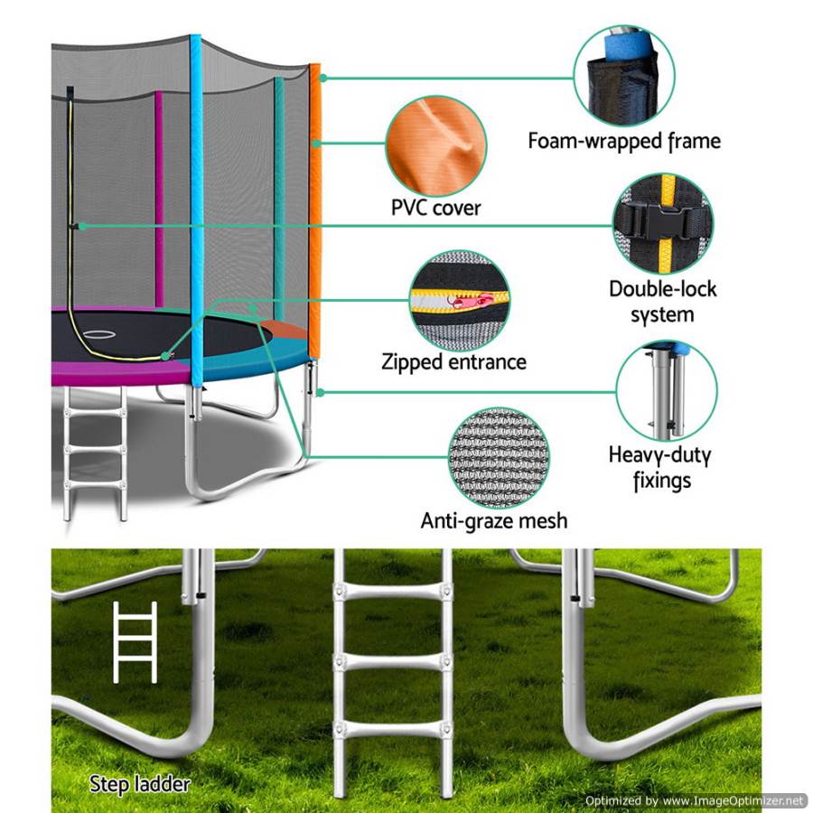 Vibrant 12FT trampoline in various colors, ideal for fun and safe backyard play. Vibrant 12FT trampoline in various colors, ideal for fun and safe backyard play.