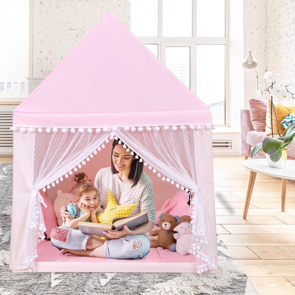 Dreamy Kids Playhouse Castle in Pink with Solid Wood Frame & Mat