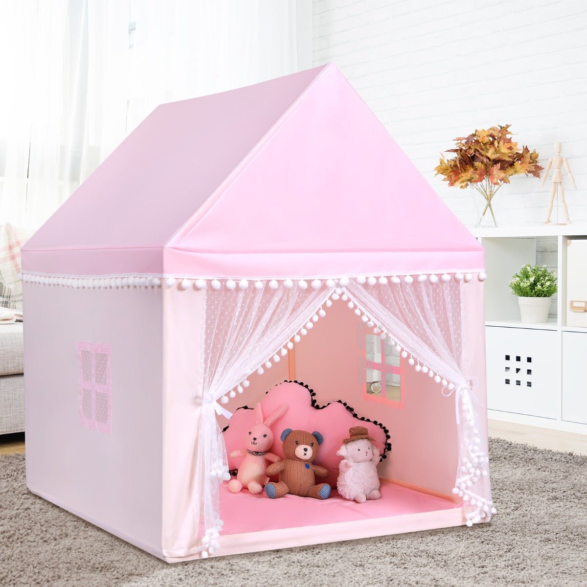 Versatile Kids Castle Playhouse with Solid Wood Frame & Cotton Mat in Pink