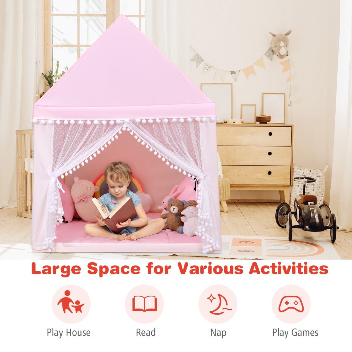 Imaginative Kids Play Space: Pink Castle Playhouse with Wood Frame & Mat