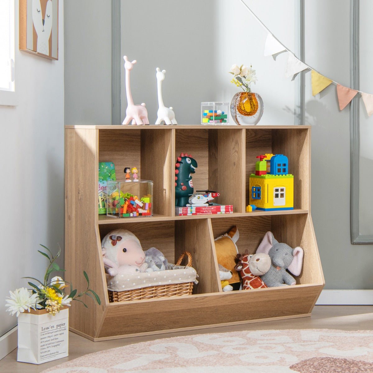 Natural Wood 5-Cubby Toy Organizer