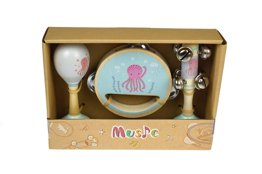 Wooden octopus 3-piece music set for kids, perfect for musical learning and play at home.