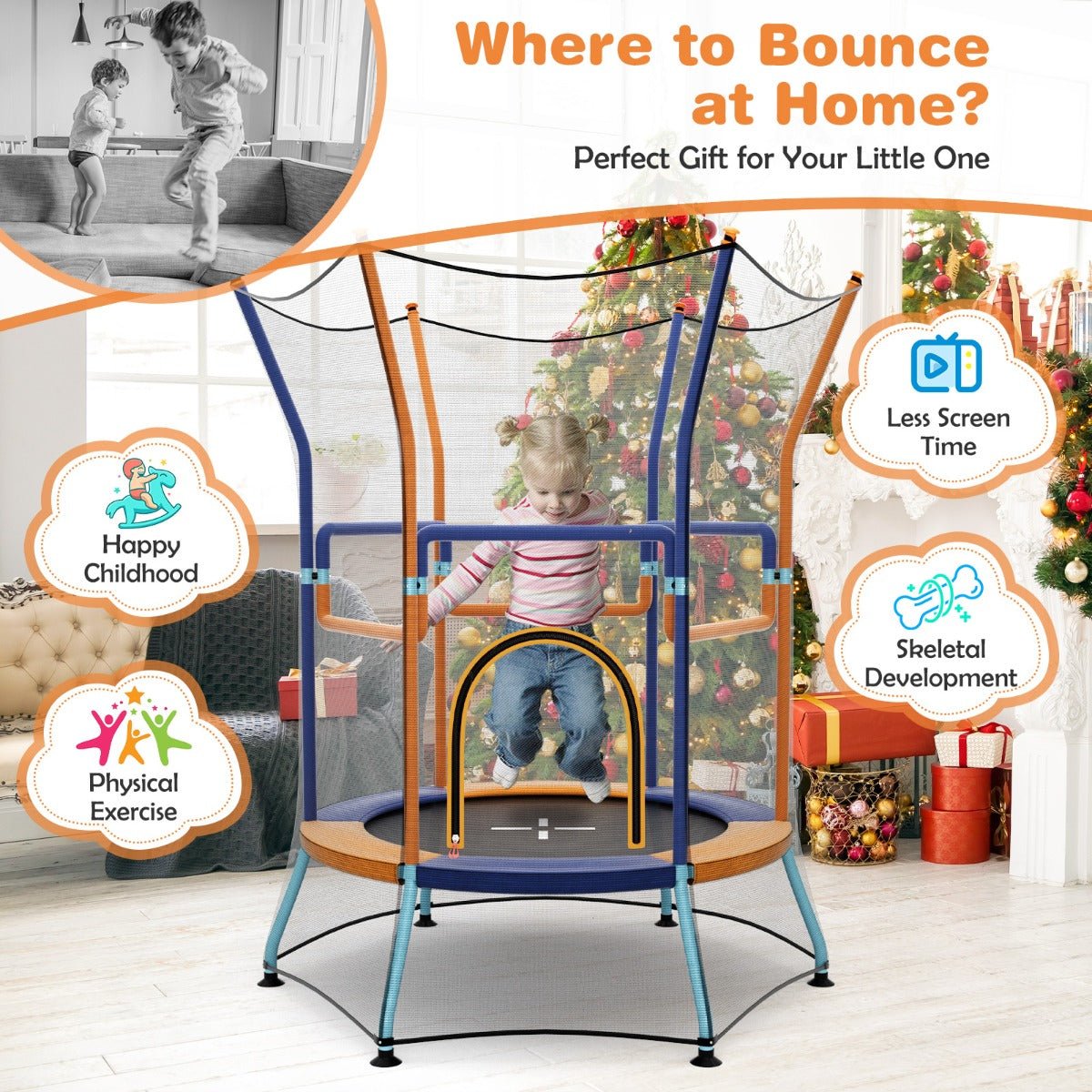 Kids mini trampoline with safety net for indoor/outdoor play, 150cm enclosure, orange and blue. Kids mini trampoline with safety net for indoor/outdoor play, 150cm enclosure, orange and blue.