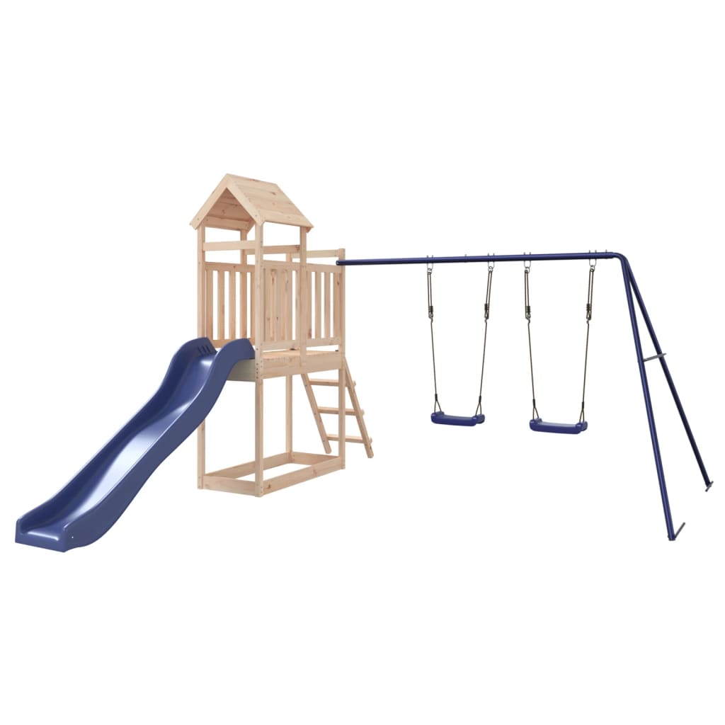 Outdoor Playset Play tower Pine Wood with Double swing set, Wave slide