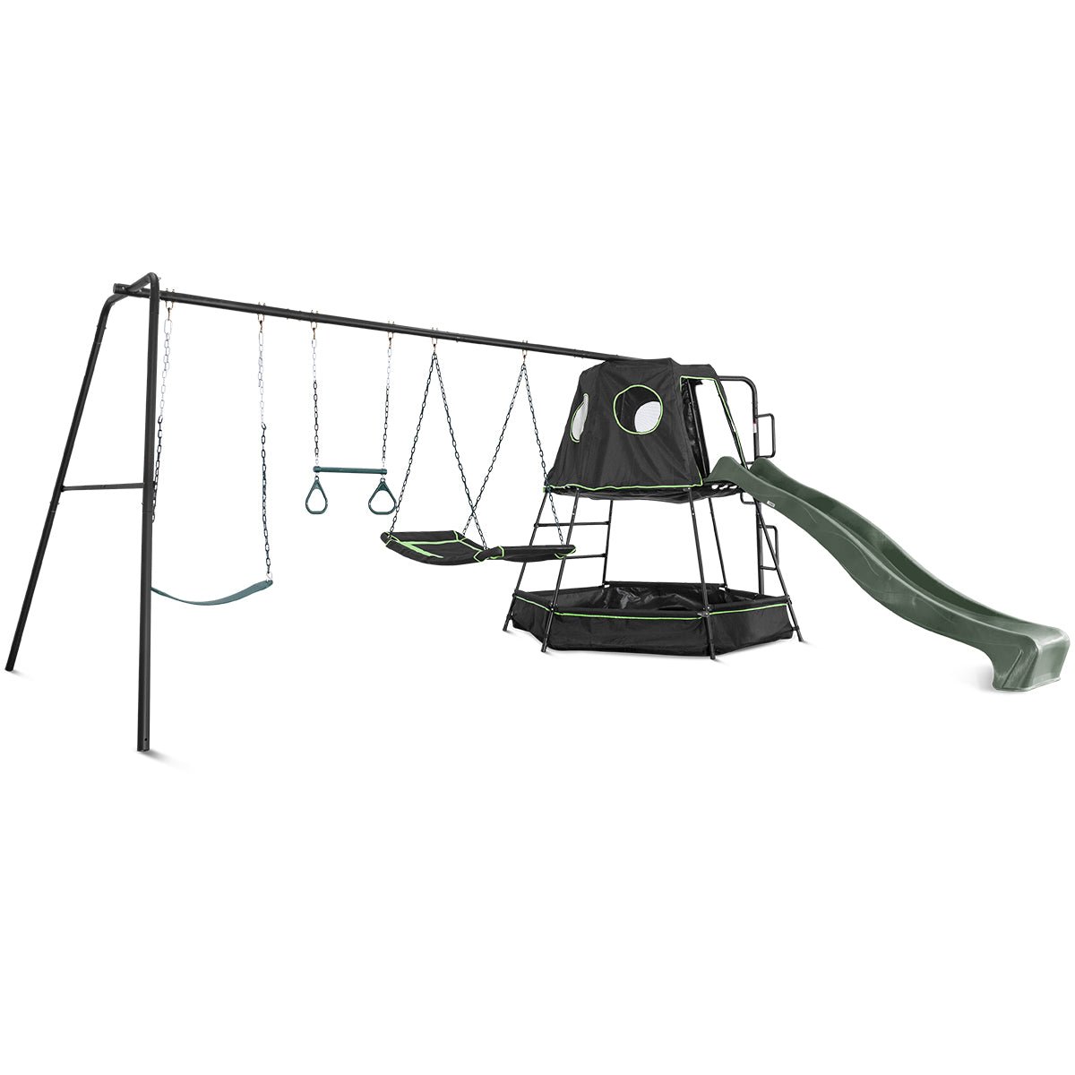 Pallas Play Tower | Metal Swing Set and Green Slide for Outdoor Fun