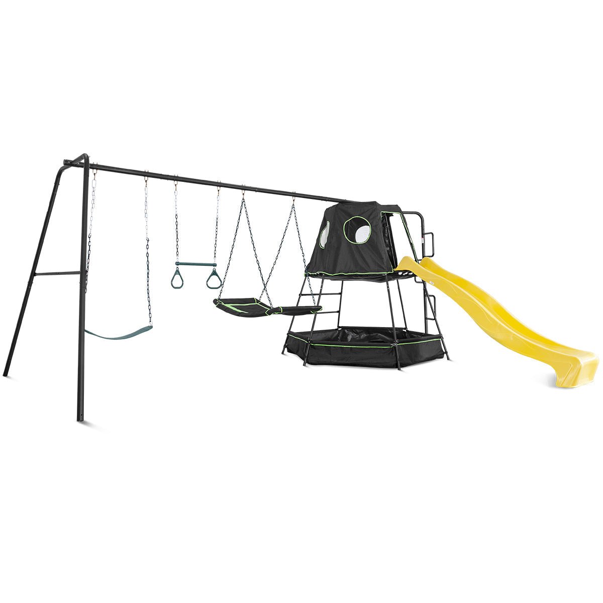 Pallas Play Tower | Metal Swing Set and Yellow Slide for Outdoor Play