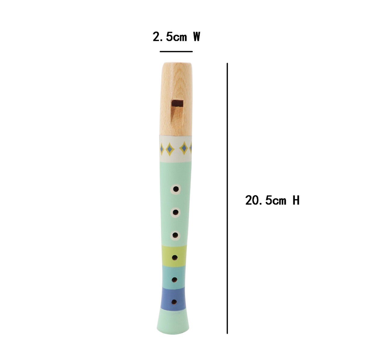 Colorful green wooden recorder with playful patterns, perfect for young musicians at home.