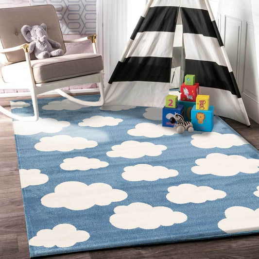 Petit Clouds Blue and White Kid Rug for cozy and playful childrens bedroom decor.