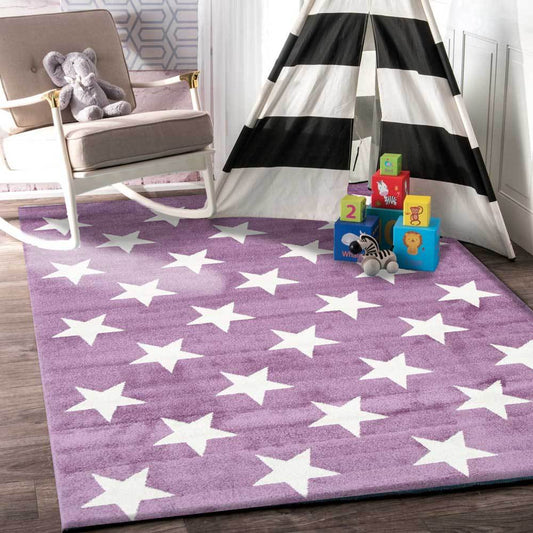 Colorful star-patterned pink and white kids rug, perfect for adding fun to childrens rooms.