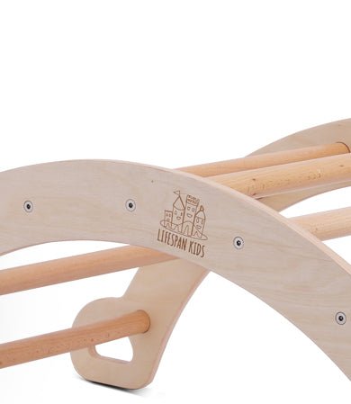 Pikler Kids Climbing Frame Set with Slide crafted from natural wood for active play. Pikler Kids Climbing Frame Set with Slide crafted from natural wood for active play.