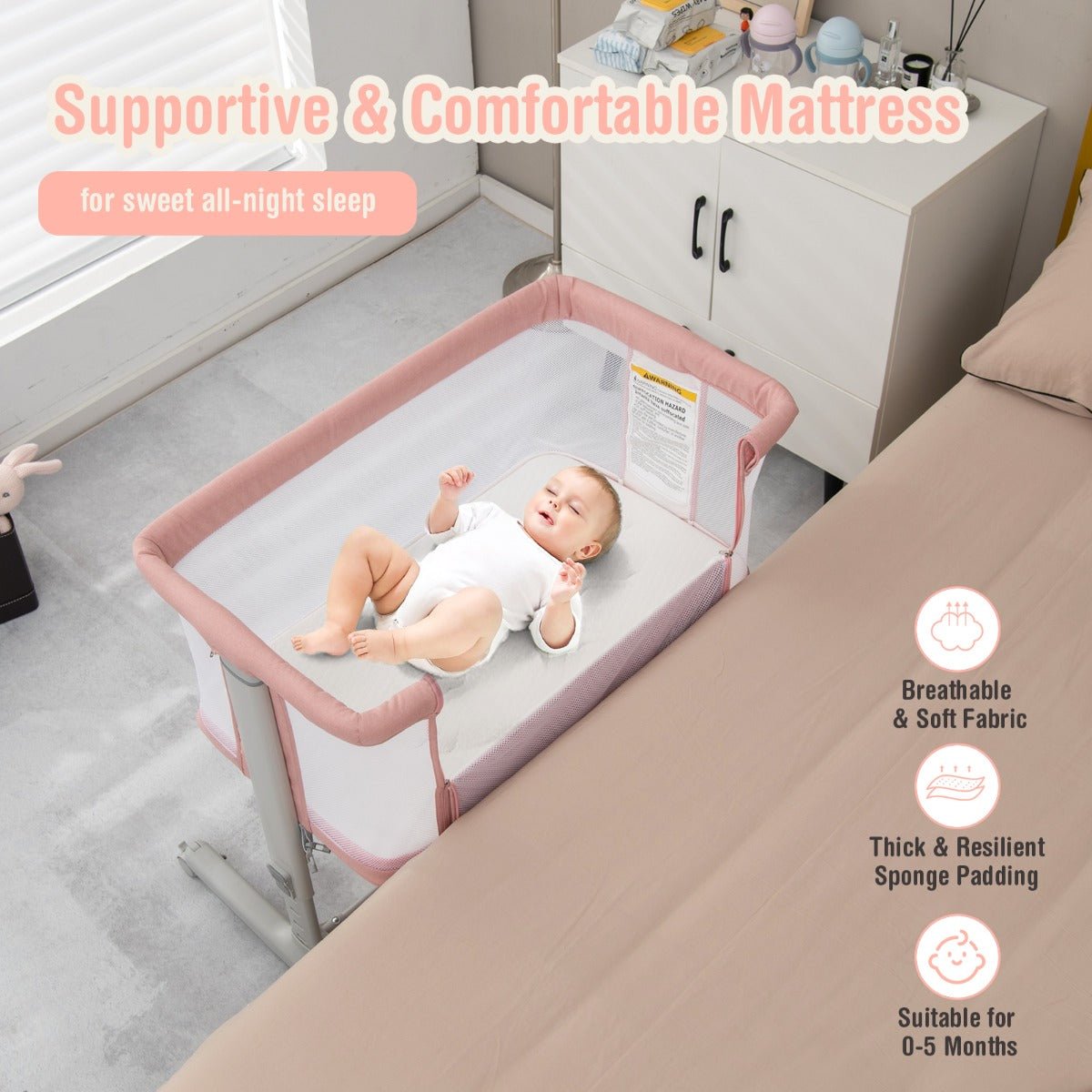 Comfortable Mattress 3 in 1 Portable Baby Bedside Bassinet Cot with Carry Bag Pink