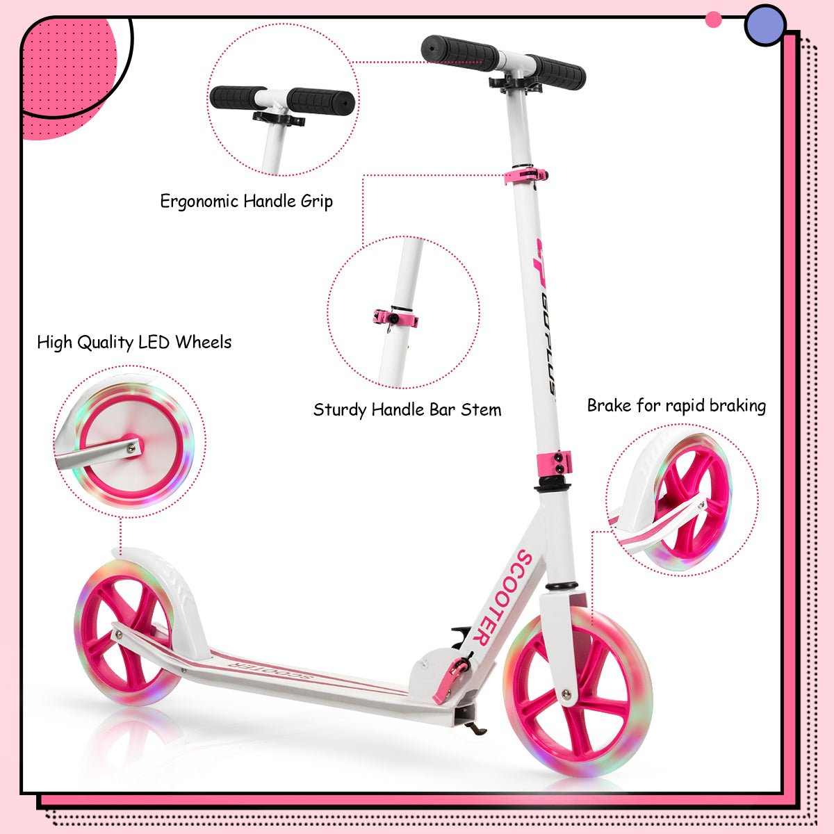 Pink Folding Scooter: Kick and Ride with Flashing LED Wheels