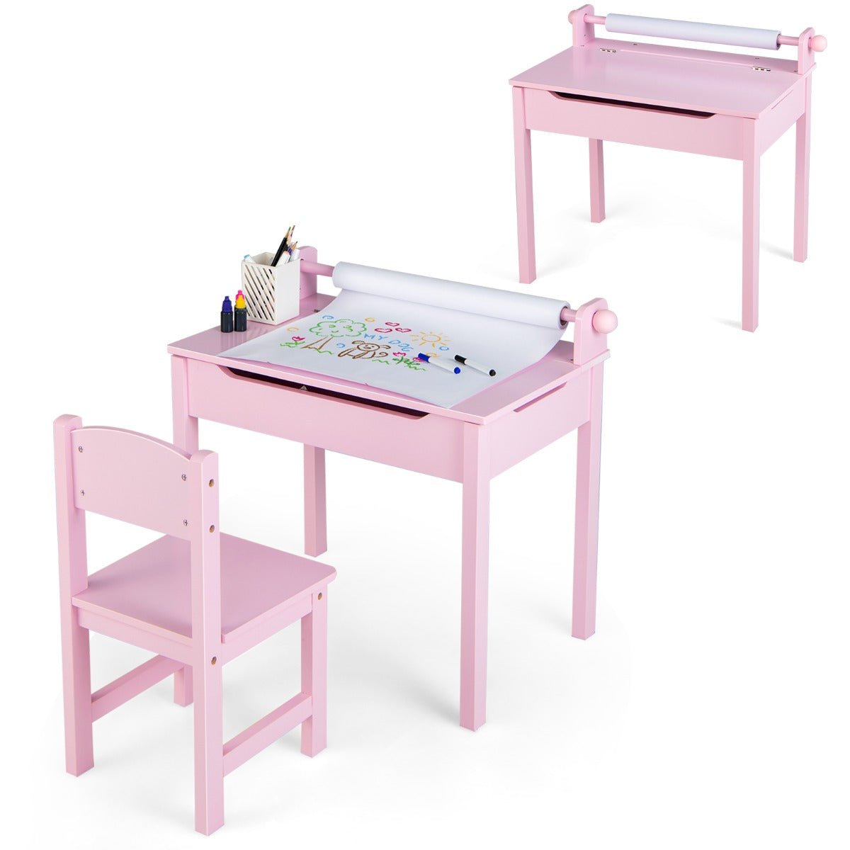 Pink Kids Lift Top Desk with Paper Roll Holder - Kids Mega Mart