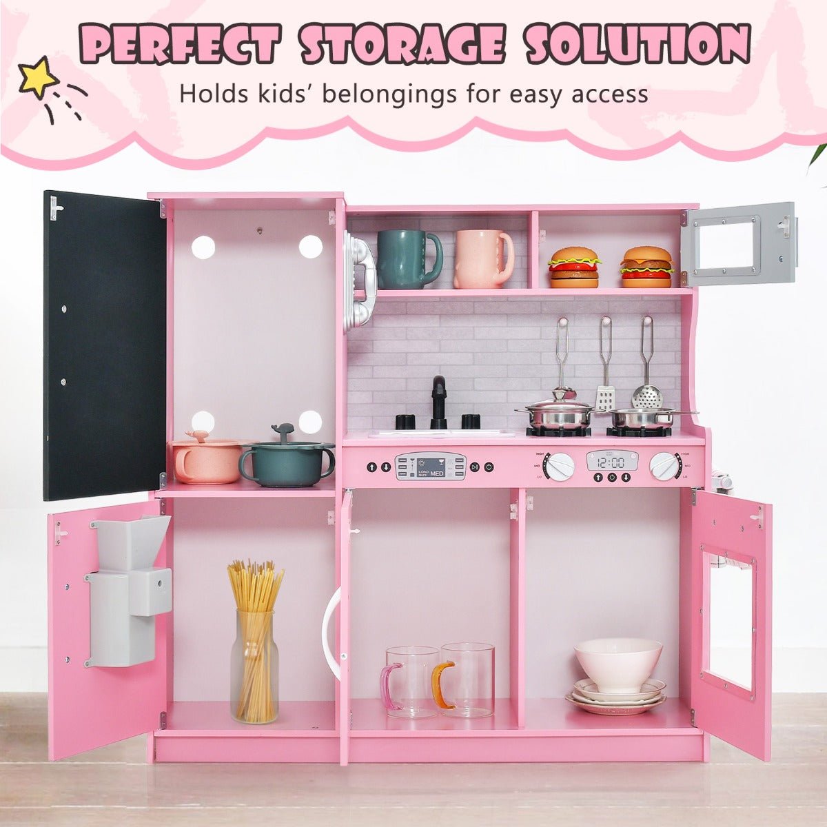 Complete Pink Kitchen Set with Ice Maker and Oven