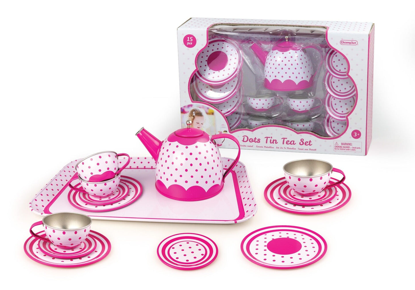 Adorable 15-piece Pink Polka Dot Tin Tea Set, perfect for imaginative playtime. Adorable 15-piece Pink Polka Dot Tin Tea Set, perfect for imaginative playtime.