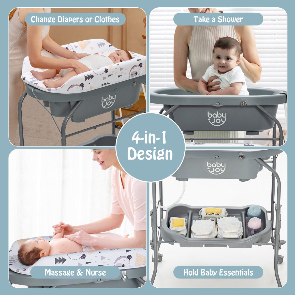 Safe and Practical: Grey Portable Baby Changing Table with Wheels