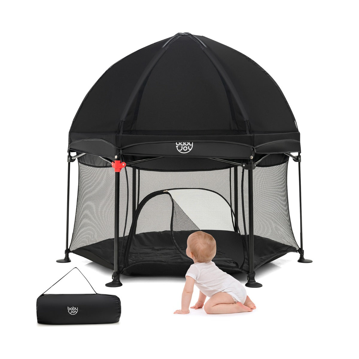 Black Baby Playpen: Portable Design with Removable Canopy for Anywhere Use