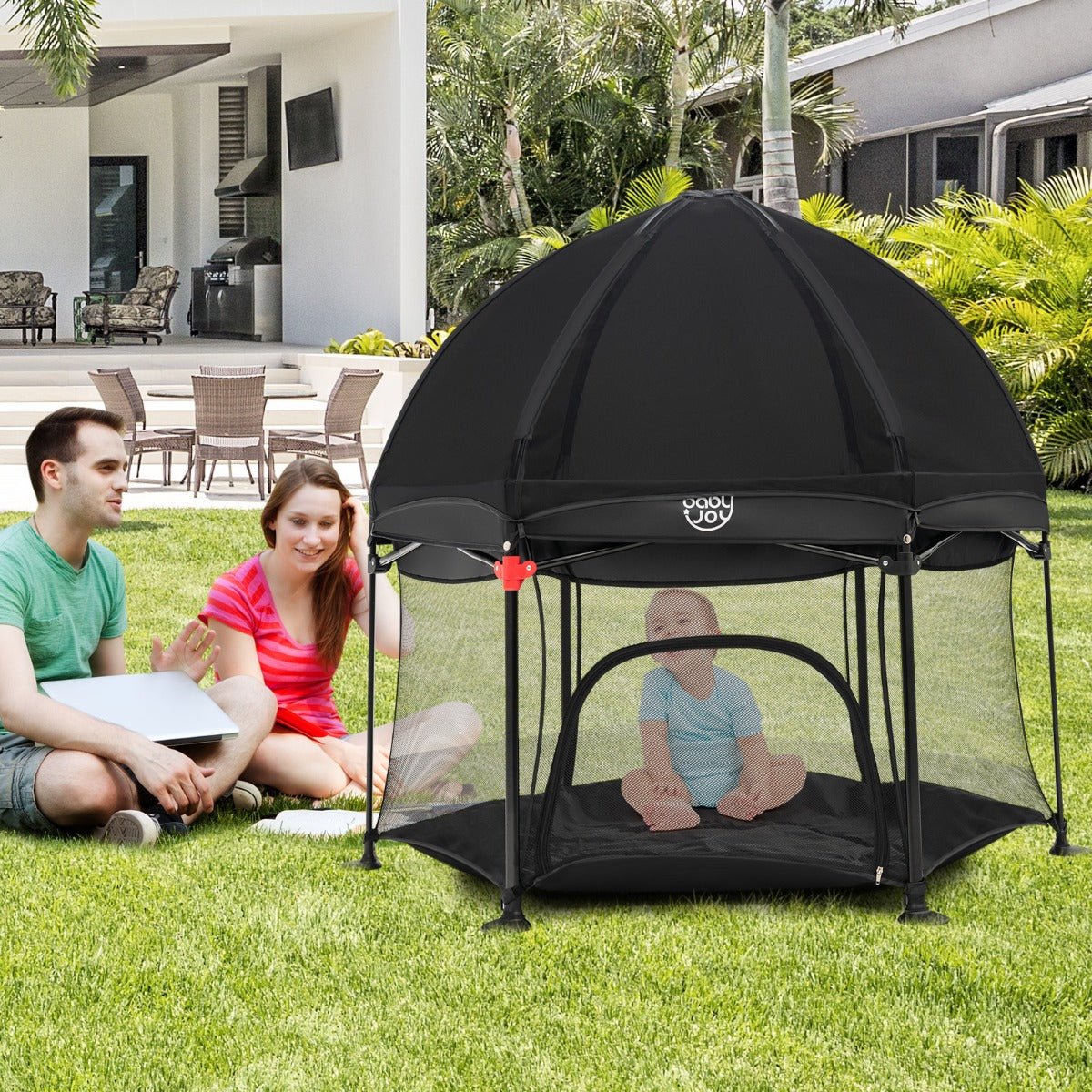 Black Portable Baby Playpen: Removable Canopy for Indoor & Outdoor Fun