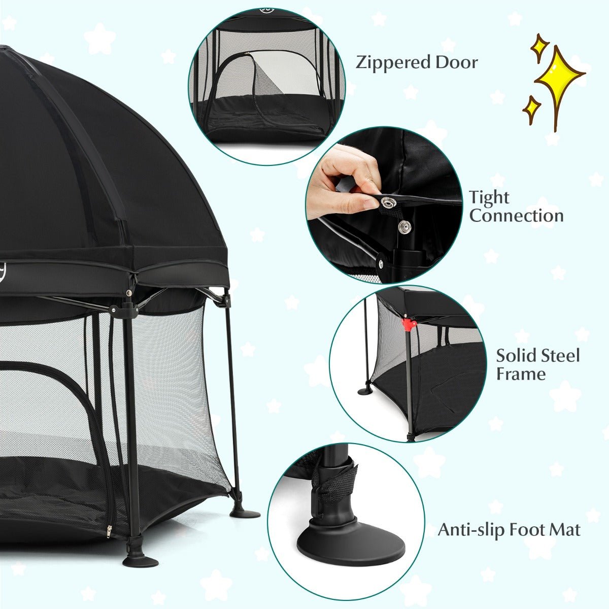 Indoor & Outdoor Black Baby Playpen: Portable Design with Removable Canopy