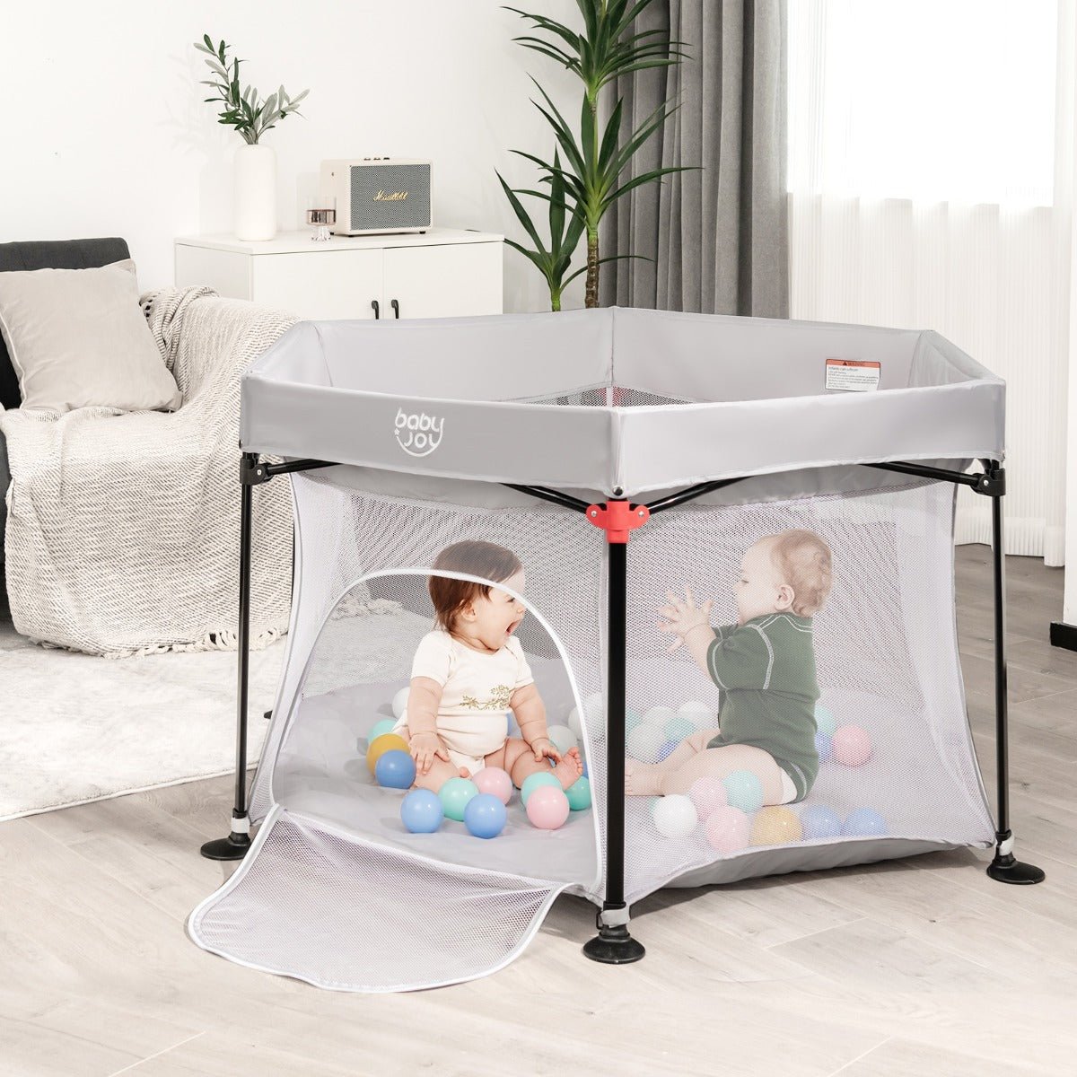 Gray Indoor & Outdoor Baby Playpen: Portable with Removable Canopy