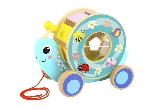 Colorful pull along snail toy with rolling wheel and blocks for interactive play at home.