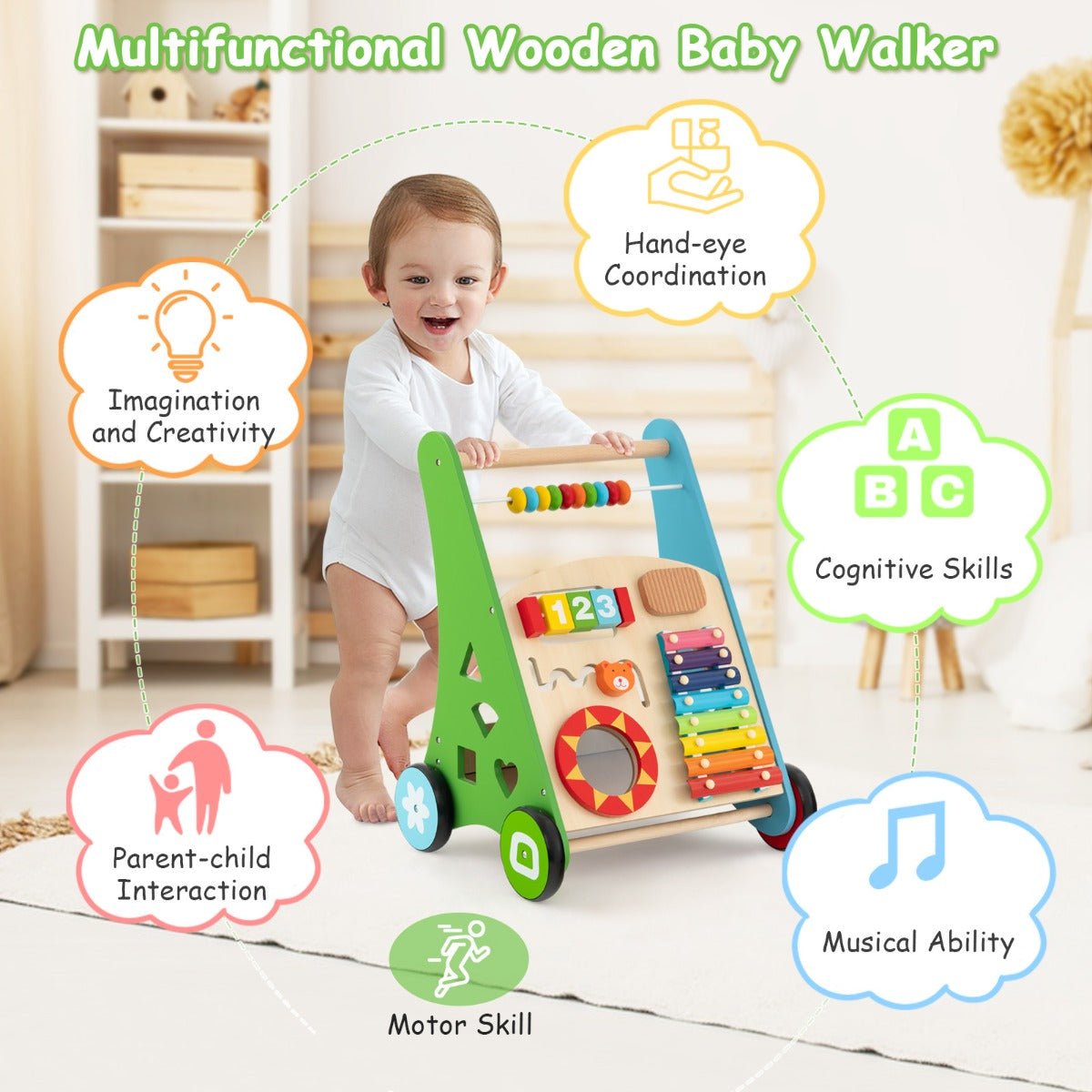 Push and Pull Learning Activity Walker with Smooth Handle for Babies & Toddlers