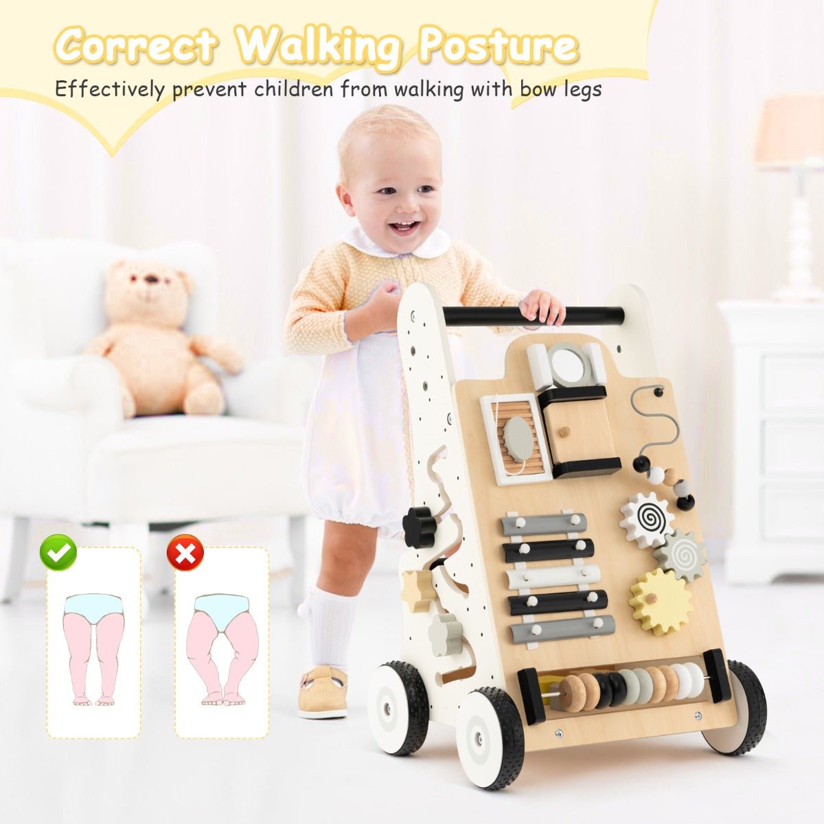 Wooden Baby Walker with 9-in-1 activities for learning and play at home. Wooden Baby Walker with 9-in-1 activities for learning and play at home.