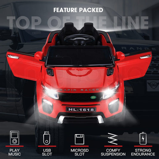Red Rapid Racer 12V Ride-On Car for kids - exciting home play with battery power.