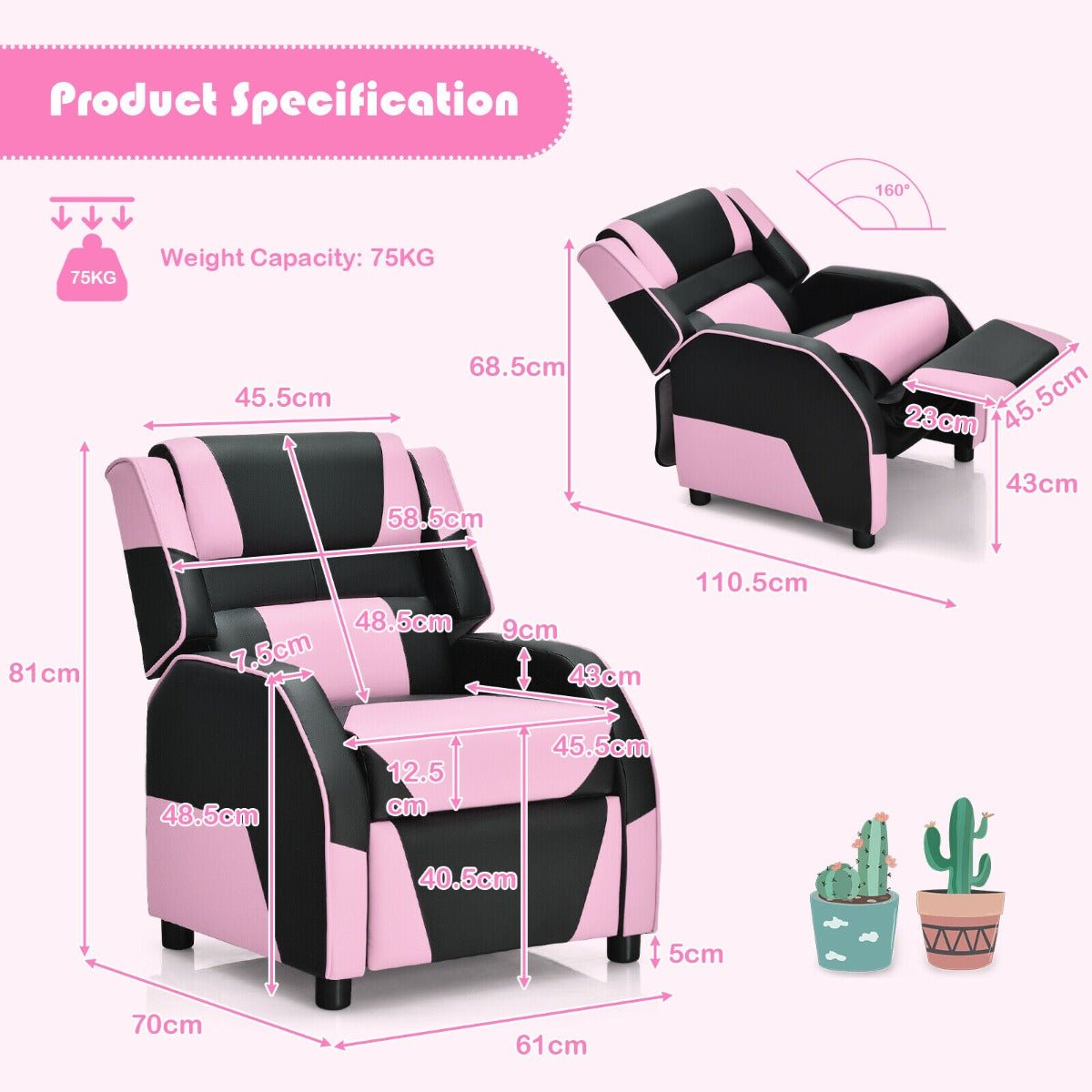 Buy Pink Kids Recliner Chair with Adjustable Backrest & Footrest
