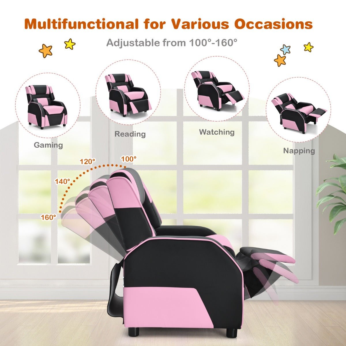 Recliner Chair for Kids: Adjustable Backrest & Footrest - Pink