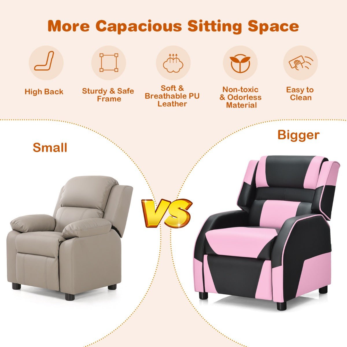 Pink Recliner Chair for Kids: Adjustable Backrest & Footrest
