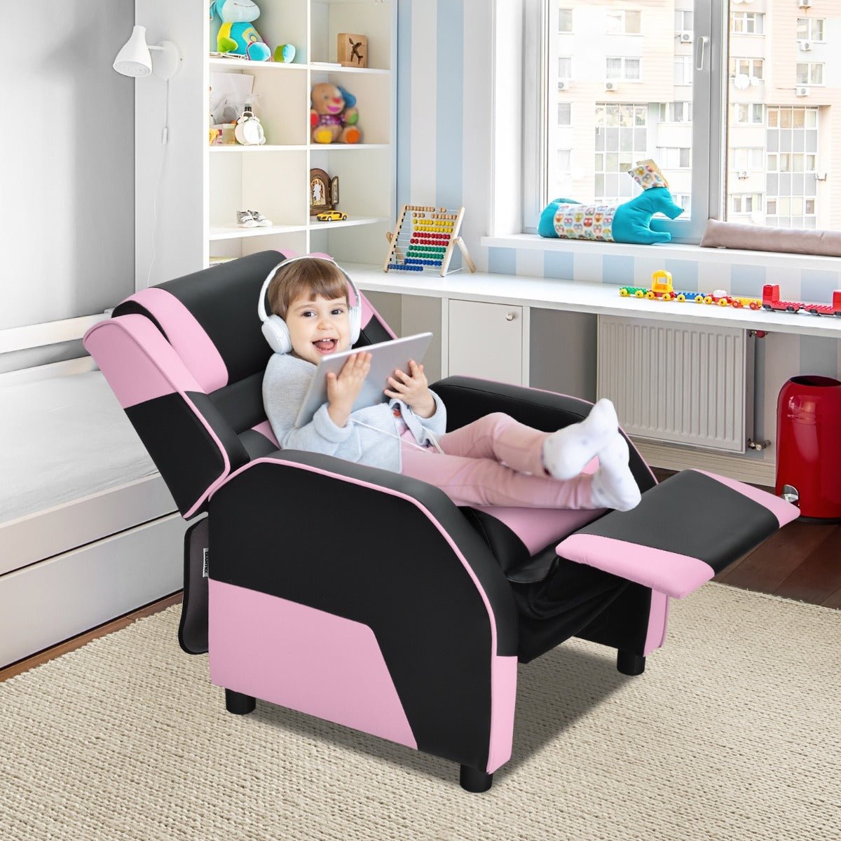 Pink Kids Recliner Chair: Adjustable Backrest & Footrest for Comfort