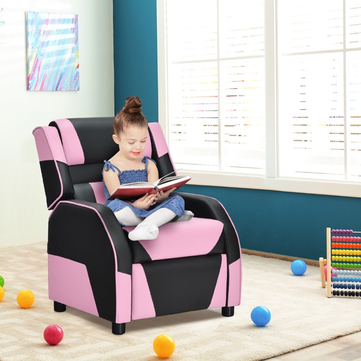 Kids Recliner Chair: Adjustable Backrest & Footrest - Pink