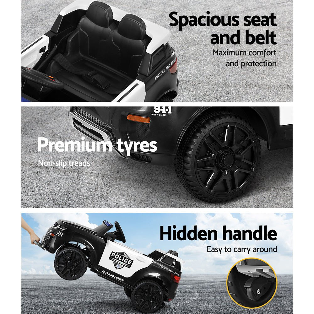 Black 12V electric ride-on police car for kids, with lights and sirens for fun playtime. Black 12V electric ride-on police car for kids, with lights and sirens for fun playtime.
