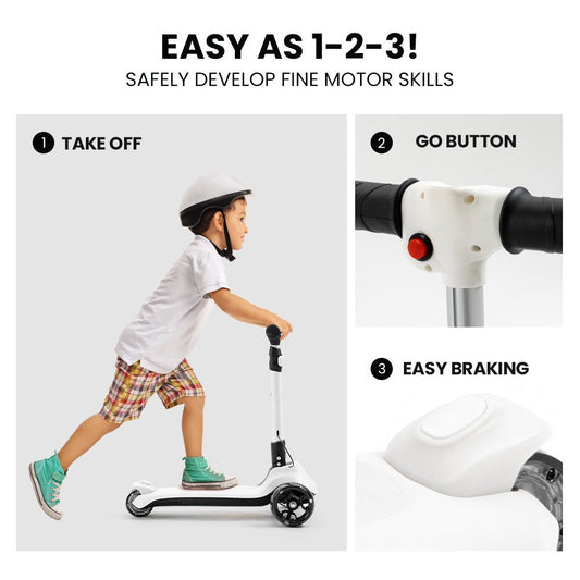 Rovo Triscoot Kids Electric Scooter in White, ideal for fun home playtime adventures.