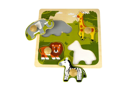 Colorful safari animal peg puzzle for engaging childrens learning and play at home.