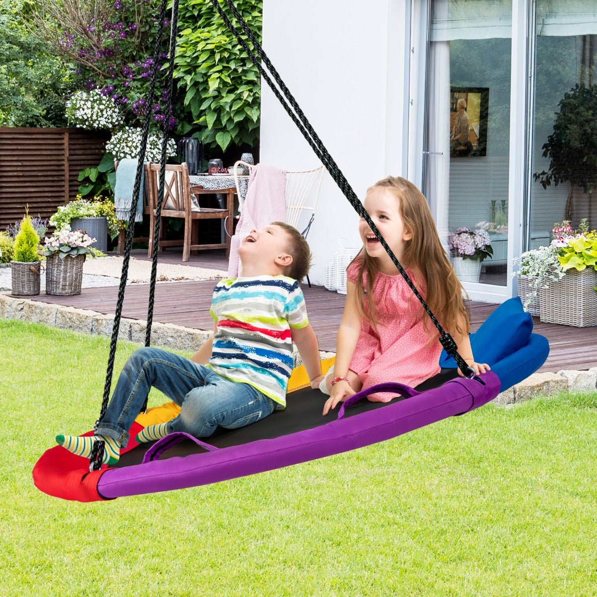 colourful Outdoor Tree Swing: Round Platform with Cozy Pillow for Kids