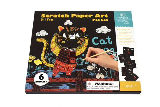 Pet-themed scratch paper art kit for childrens creative activities at home.