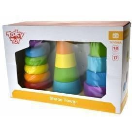 Colorful wooden stacking block set for kids, promoting shape recognition and fine motor skills.