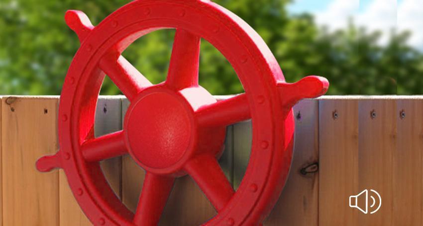Colorful red ship steering wheel enhances childrens outdoor play experience, perfect for imaginative adventures. Colorful red ship steering wheel enhances childrens outdoor play experience, perfect for imaginative adventures.