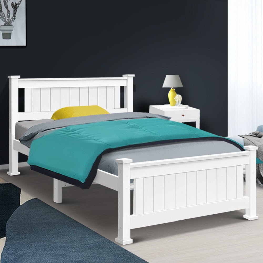 Childrens white wooden bed frame in single size, ideal for stylish sleepovers.