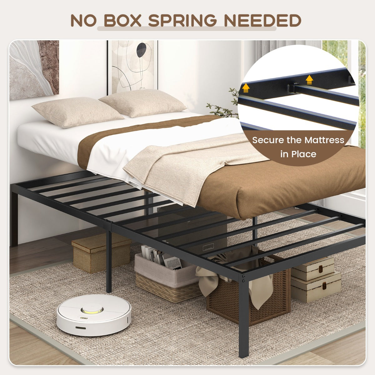 Childrens metal platform bed frame with under-bed storage, ideal for maximizing space. Childrens metal platform bed frame with under-bed storage, ideal for maximizing space.