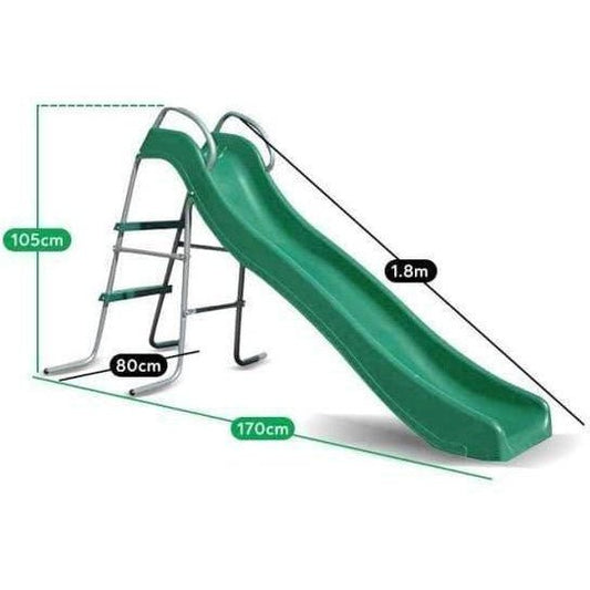 Green Slippery Slide for childrens outdoor play, freestanding wavy design, durable, fun and safe.