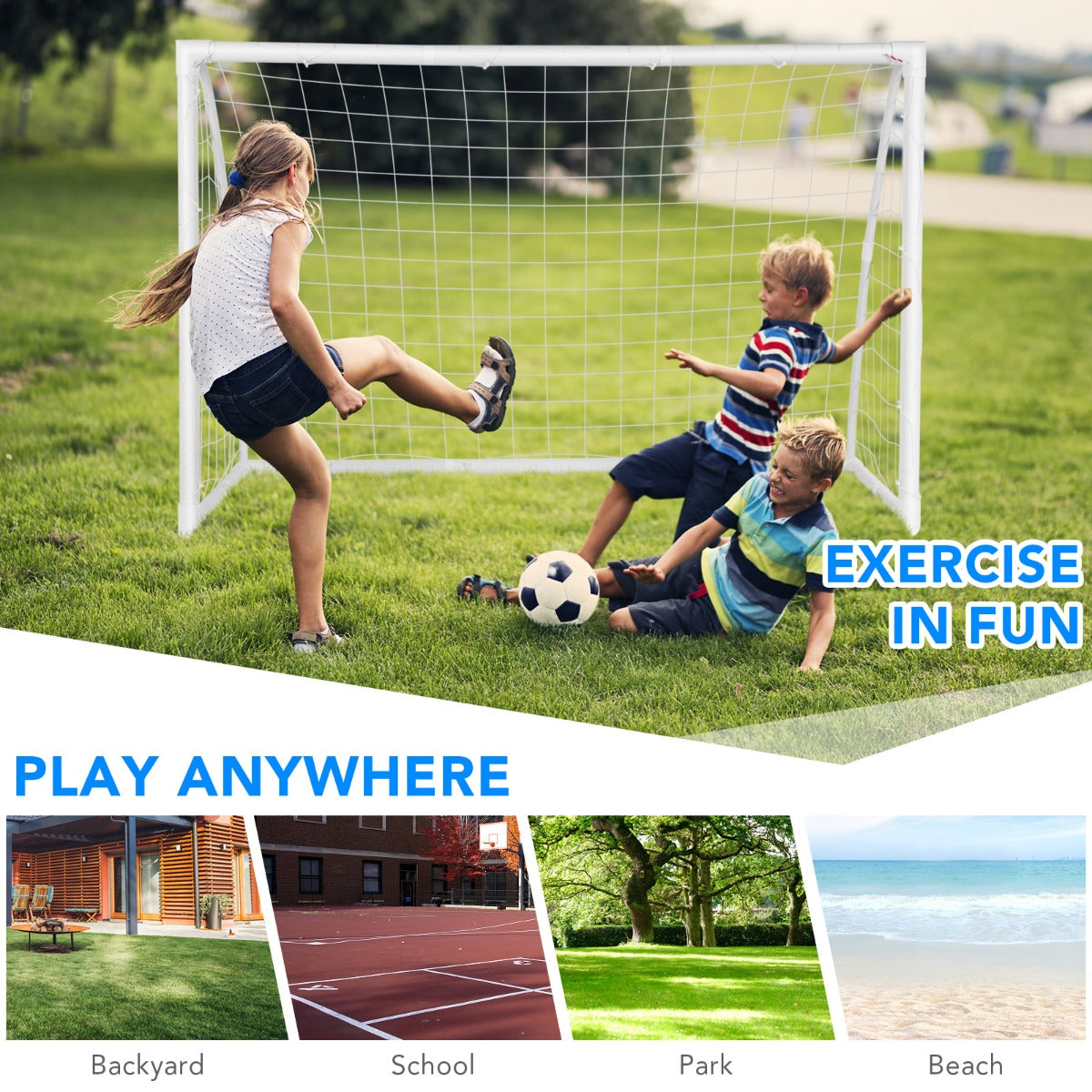 Kids soccer goal set with 1.8m net for backyard training - portable and fun. Kids soccer goal set with 1.8m net for backyard training - portable and fun.