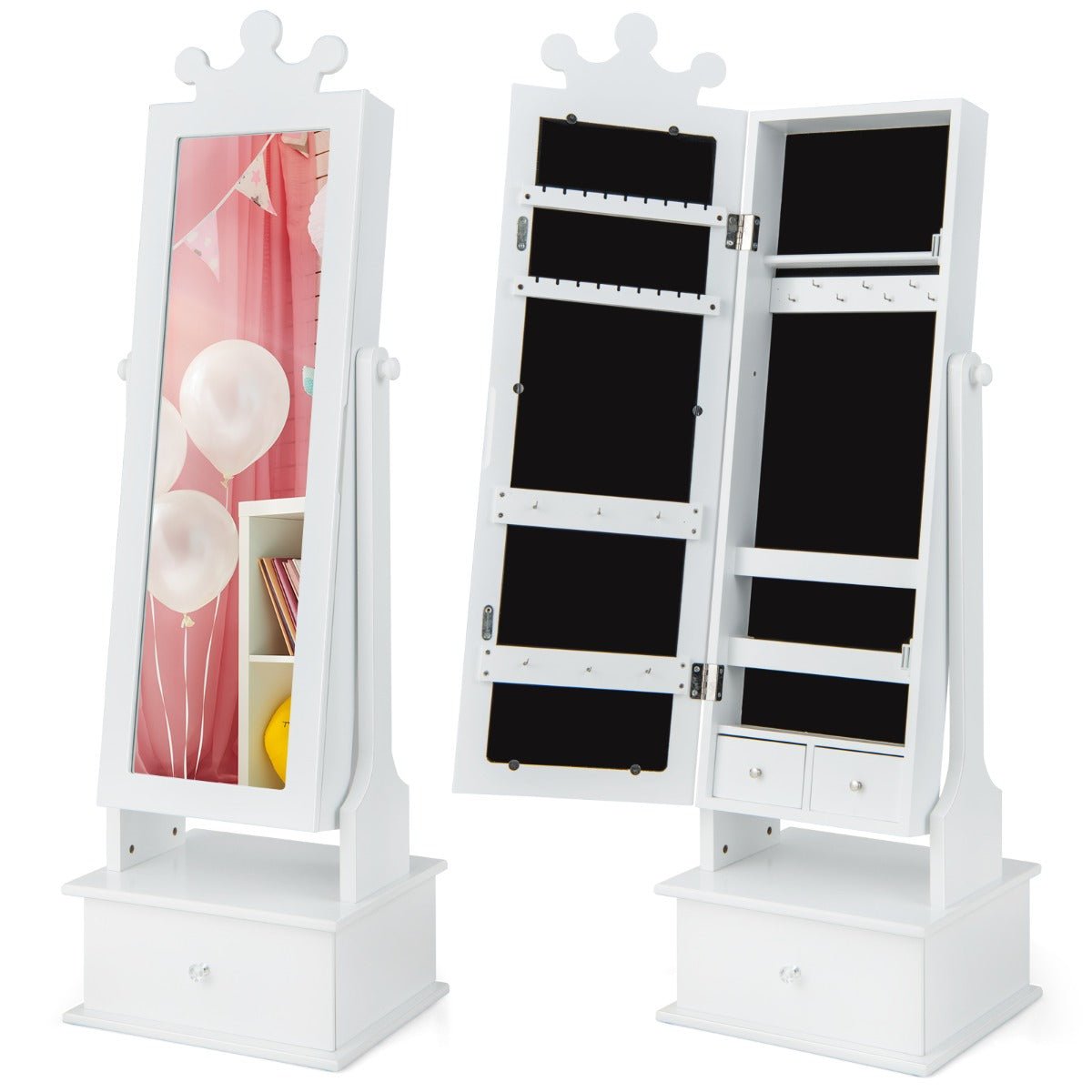 2-in-1 Kids Play Jewelry Armoire with Full Length Mirror &amp; Storage Drawers-White