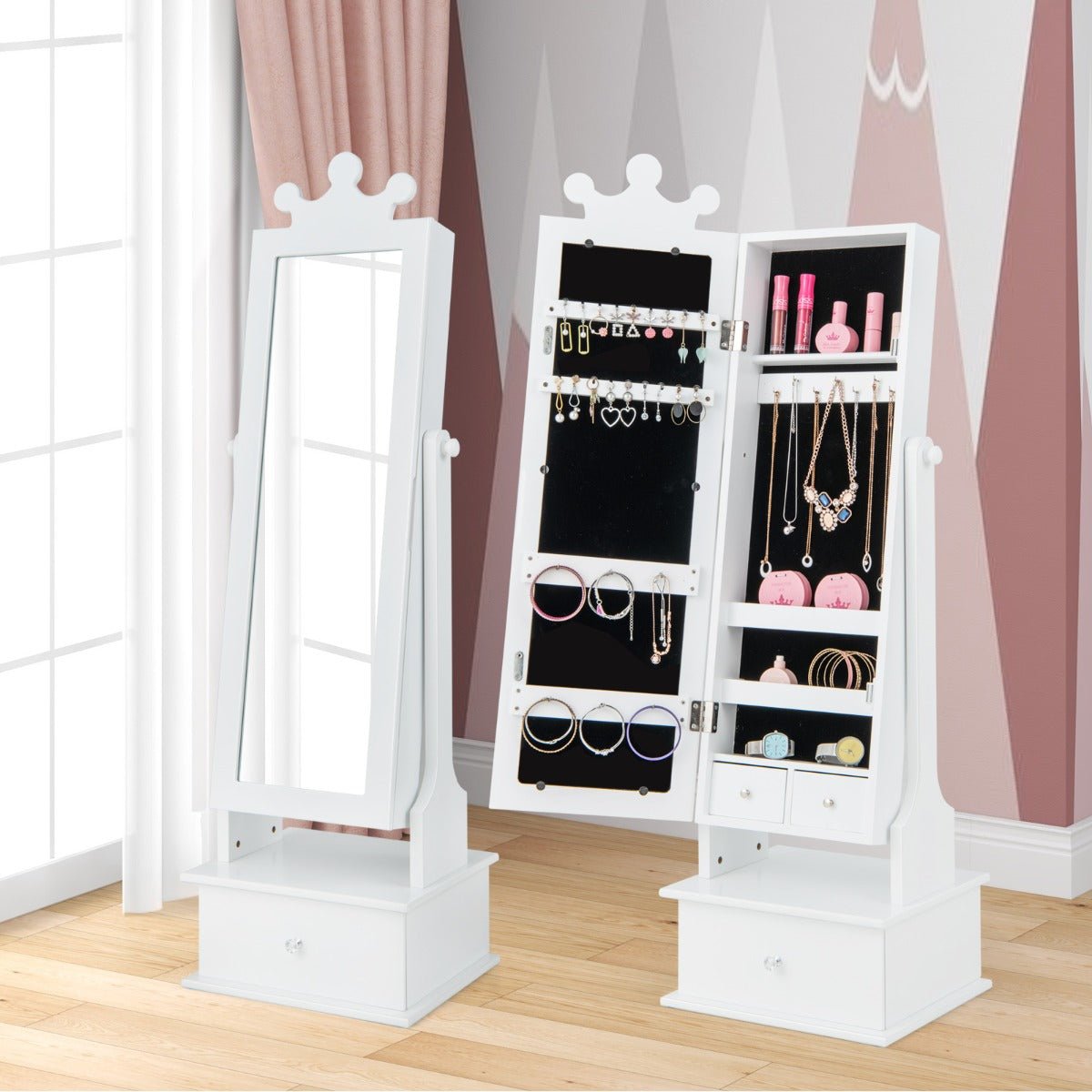 2-in-1 Kids Play Jewelry Armoire with Full Length Mirror &amp; Storage Drawers-White