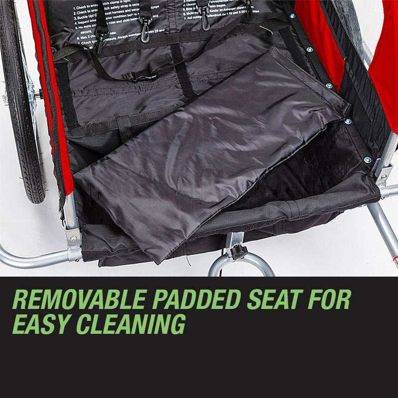 Red Tag-Along Kids Bike Trailer, Stroller for Children, ideal for family adventures. Red Tag-Along Kids Bike Trailer, Stroller for Children, ideal for family adventures.